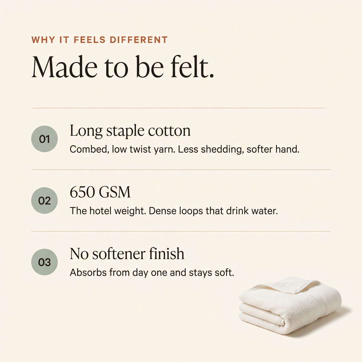 Made to be felt: long staple cotton, 650 GSM, no softener finish