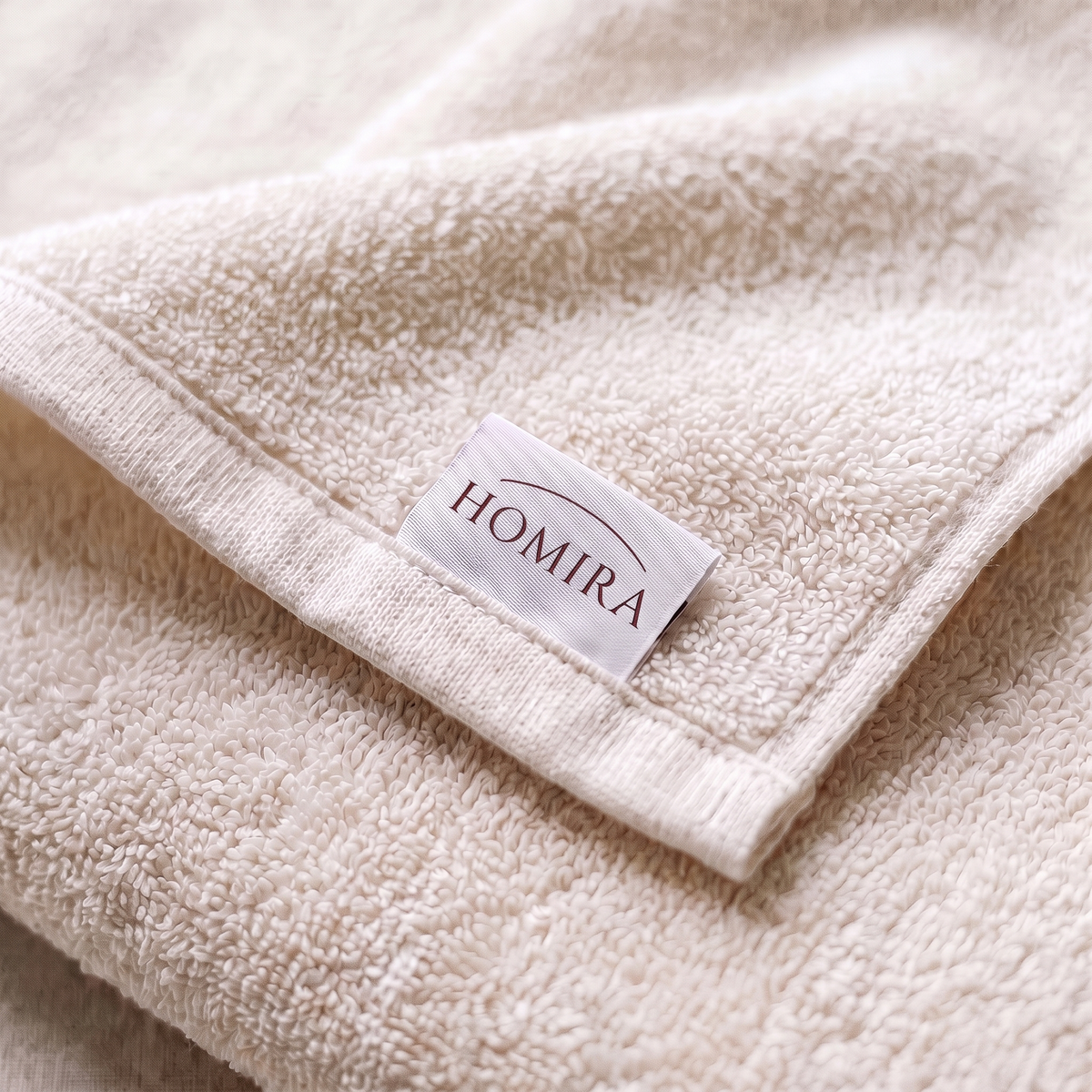 HOMIRA label and plain terry loops, close up