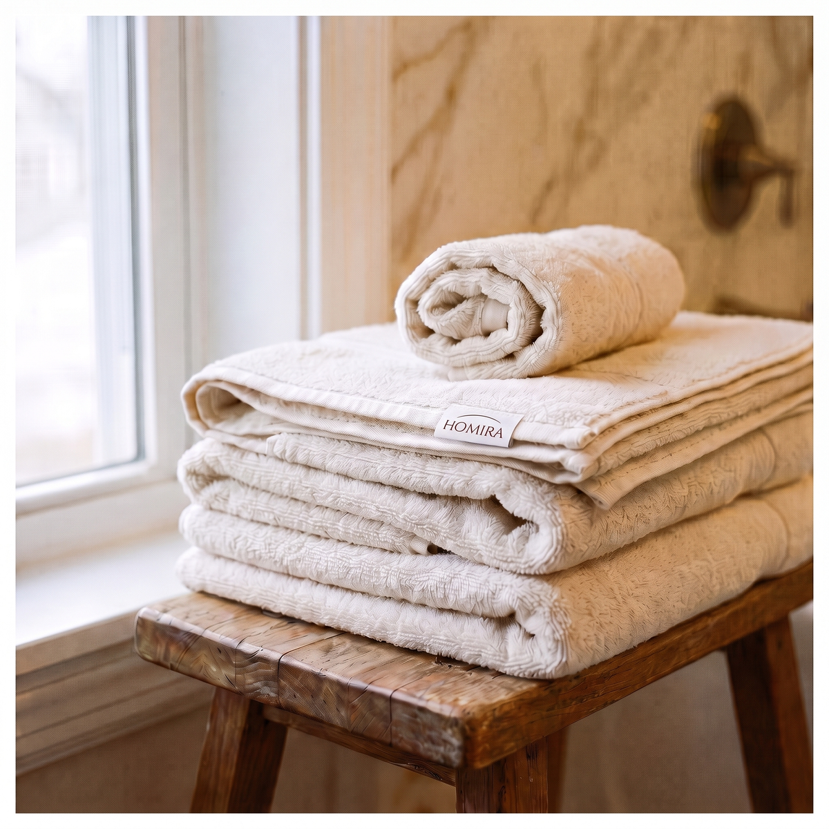 HOMIRA towels folded the hotel way on a stool
