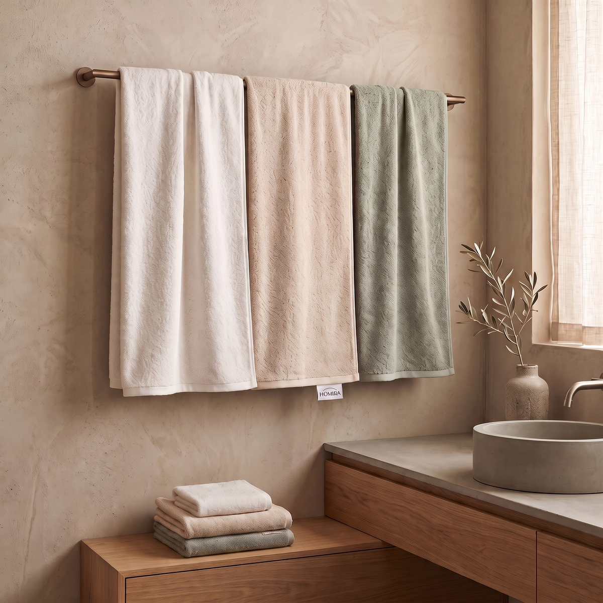 White, Sand and Sage towels on the rail of a Japandi bathroom