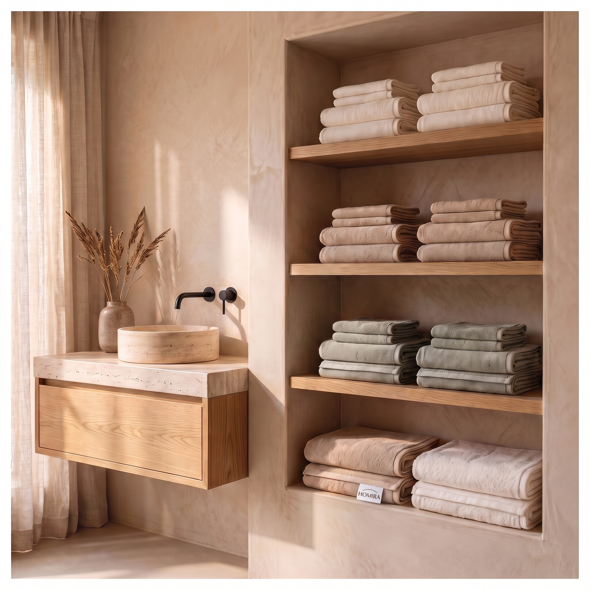 HOMIRA towels in White, Sand and Sage on the shelves of a Japandi bathroom