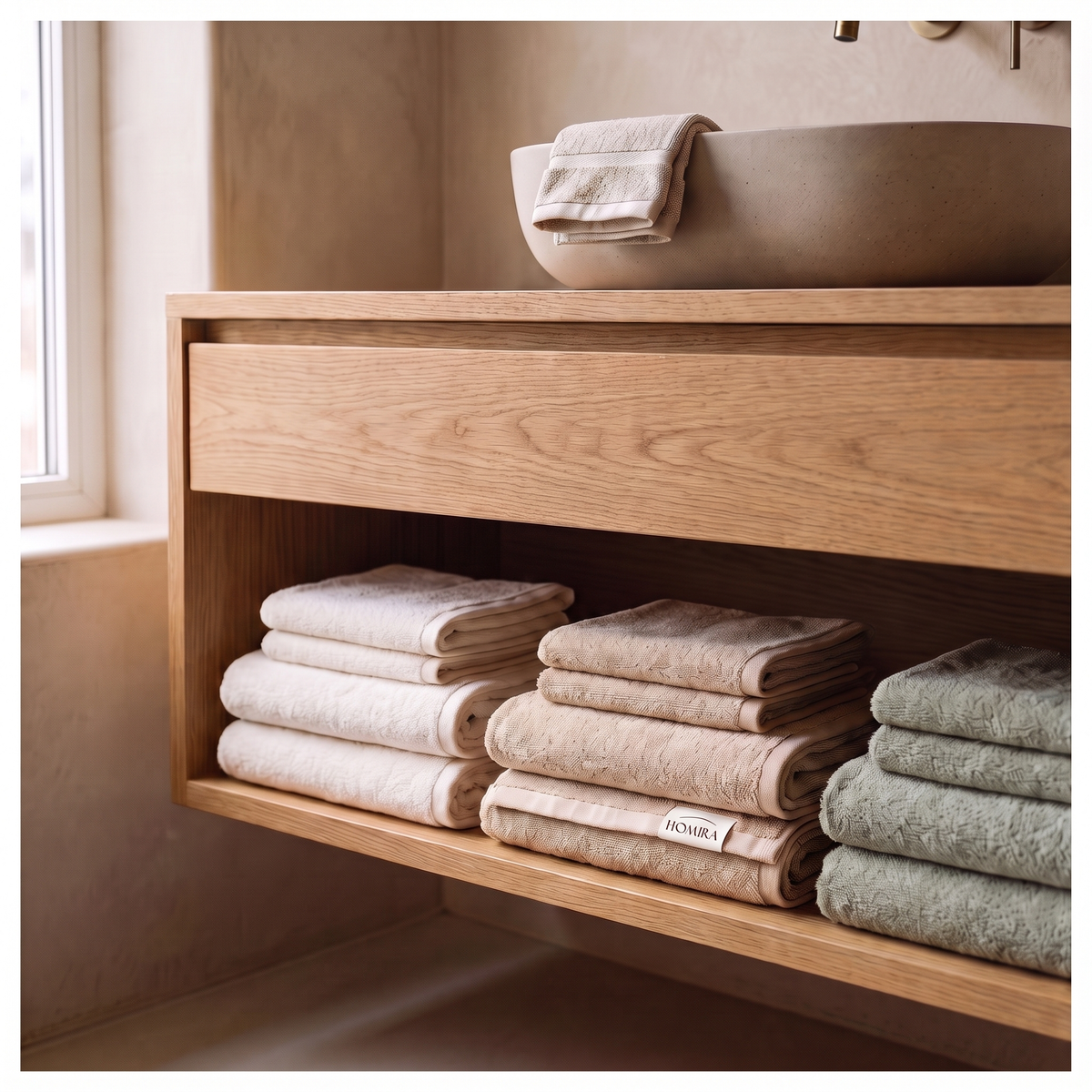 HOMIRA towel stacks in three colours under an oak vanity